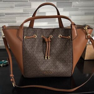 Michael Kors Brown MK Logo Drawstring Tote with Tan Leather
